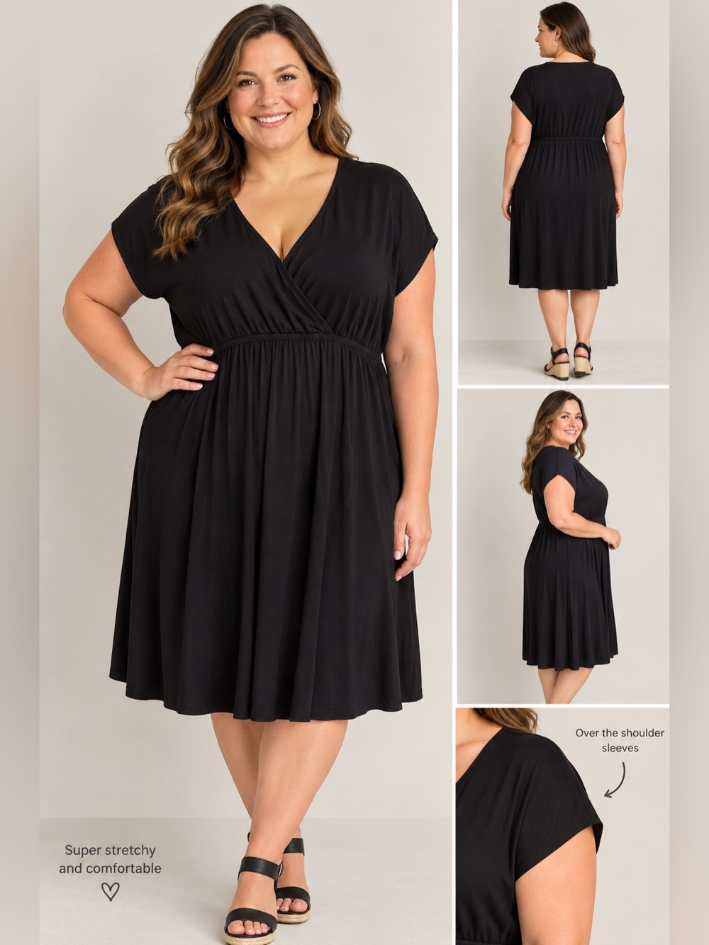 Plus Size Black V-Neck Short Sleeve Dress